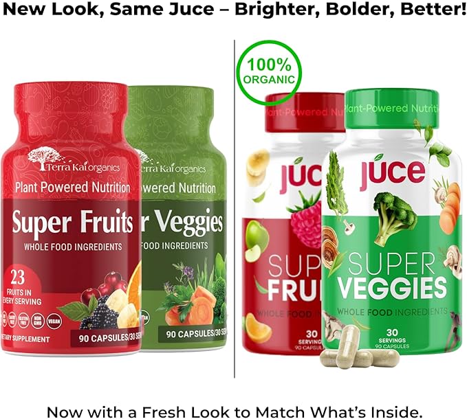 Juce Original Formula - Organic Super Fruit &amp Veggies Supplement - Gluten/Gelatin Free Soy Free &amp Vegan- Reds &amp Greens Superfood Capsules- 23 Fruits &amp 23 Vegetables (180 Count)- By Te