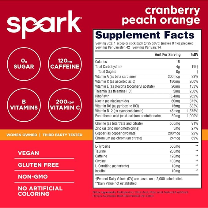 AdvoCare Spark - Energy Drink Mix - Vitamin &amp Amino Acid Supplement - Supports Energy &amp Focus - Portable Immune Support - Sugar-Free - Cranberry Peach Orange (10.5 oz)