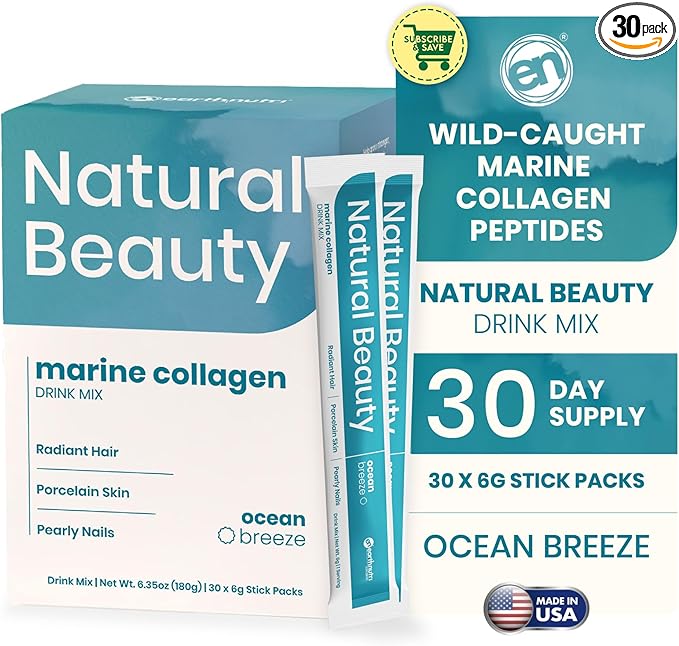 EarthNutri - Wild Caught Marine Collagen Powder - Supplement for Skin Hair &amp Nails - Enhances Skin Elasticity &amp Hydration - Hydrolyzed Collagen Peptides - Non-GMO - Ocean Breeze - 30 Sticks (