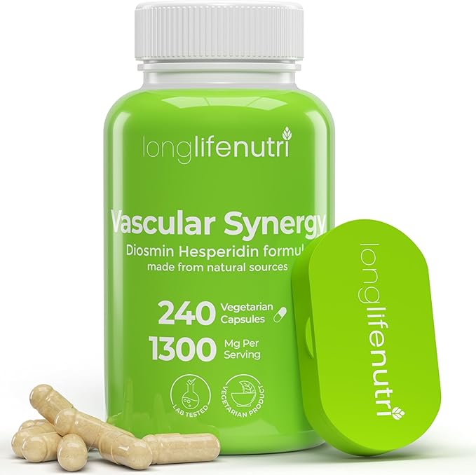 LongLifeNutri Diosmin Hesperidin Complex Vascular Synergy 1000mg/300mg for Optimal Circulation &amp Vein Support: 240 Capsules 120 Servings 4-Month Supply Made in USA