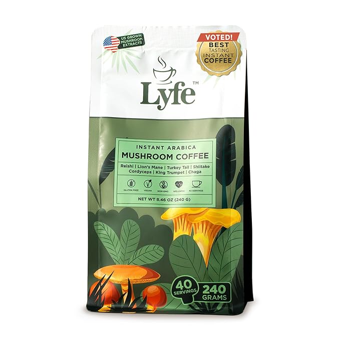LYFE Organic Instant Mushroom Coffee 40 Servings – Lion’s Mane Chaga Cordyceps &amp Turkey Tail | USA Grown Adaptogenic Blend for Energy Focus &amp Wellness - Natural Superfood Coffee for Daily