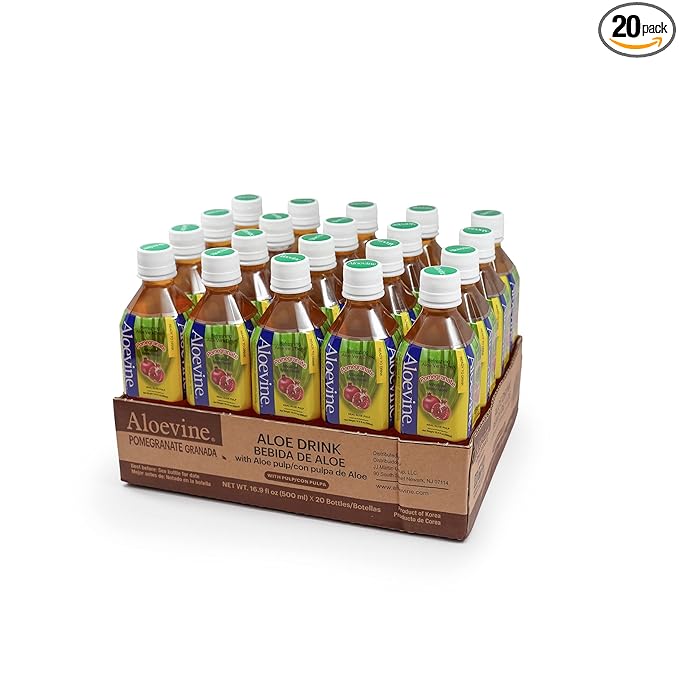 Aloevine Aloe Vera Drink Pomegranate – Drink Aloe Juice with Real Aloe Chunks | Healthy Plant-Based Korean Beverage | Aloe Vera Juice | 16.9 oz Bottles (20 Pack)