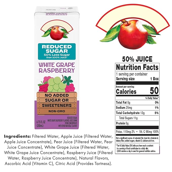 Reduced Sugar 100% Juice Variety Pack – 6.75 fl oz 40 Count – Apple White Grape Raspberry and Fruit Punch Flavors - 100% Daily Value Vitamin C
