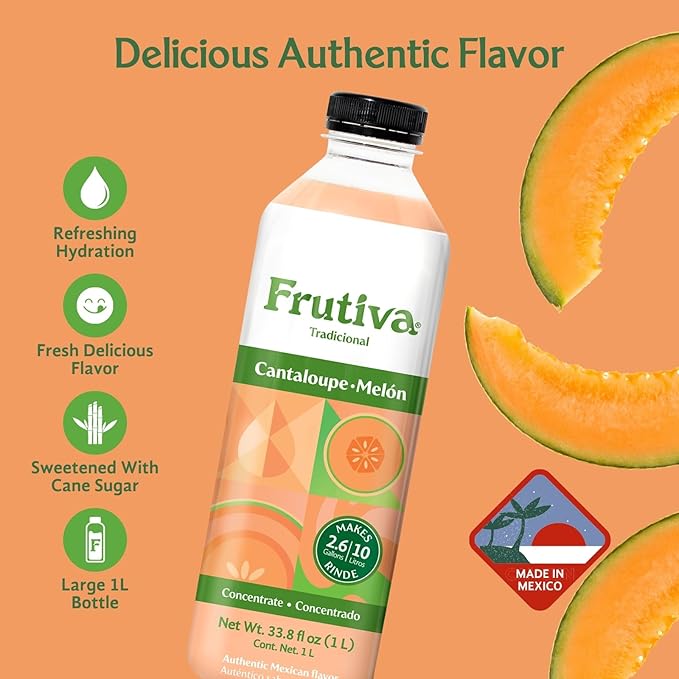 Frutiva Authentic Cantaloupe Drink Mix | Made in Mexico with Cane Sugar | Aguas Frescas Concentrate Makes 2.6 Gallons Per Bottle | No High Fructose Corn Syrup | Perfect for Drinks Desserts &amp More