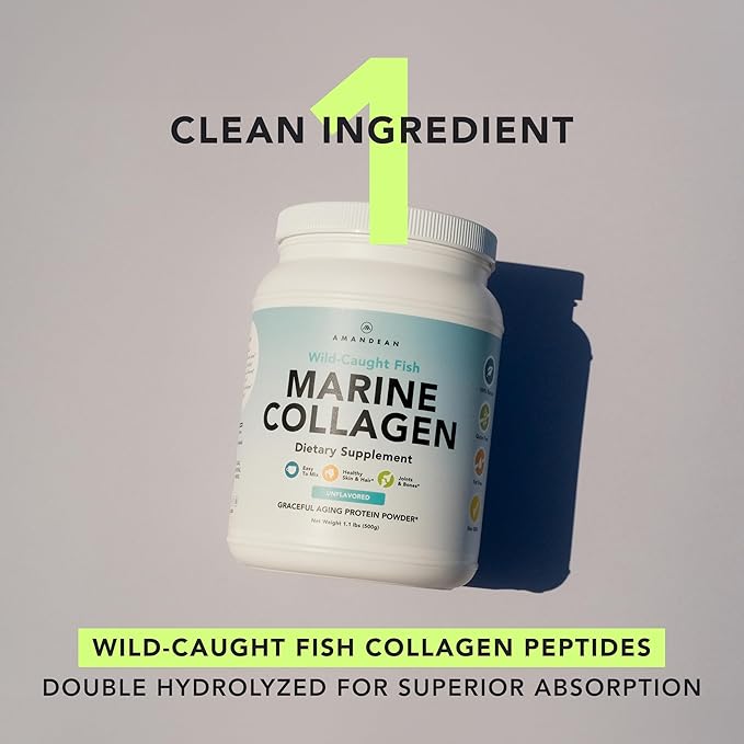 AMANDEAN Marine Collagen Peptides Powder. Double Hydrolyzed for Increased Absorption. Wild-Caught Fish Collagen Supplement. Type 1 &amp 3 Collagen Protein. 18 Amino Acids for Skin Hair Nails.