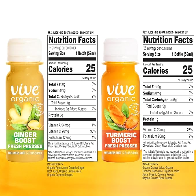 Vive Organic Immune Support Ginger Shot + Turmeric Shot Variety Pack Cold-Pressed Ginger Root &amp Turmeric Gluten Free Vegan Immunity Booster 2 Fl Oz (Pack of 24)