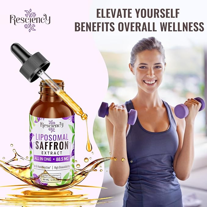 Resciency Liposomal Saffron Supplements Drops 88.5mg – High Bioavailability Liquid Saffron Extract for Mood Support Energy Focus &amp Vision with Ashwagandha Magnesium Zinc B12 &amp D3 4 fl oz