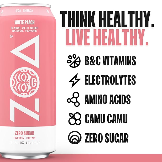 ZOA Zero Sugar Energy Drinks - White Peach | Healthy Energy Formula with Natural Caffeine Daily Vitamin C Essential B-Vitamins | Gluten-Free Keto Friendly | 16 Ounce Cans (Pack Of 12)