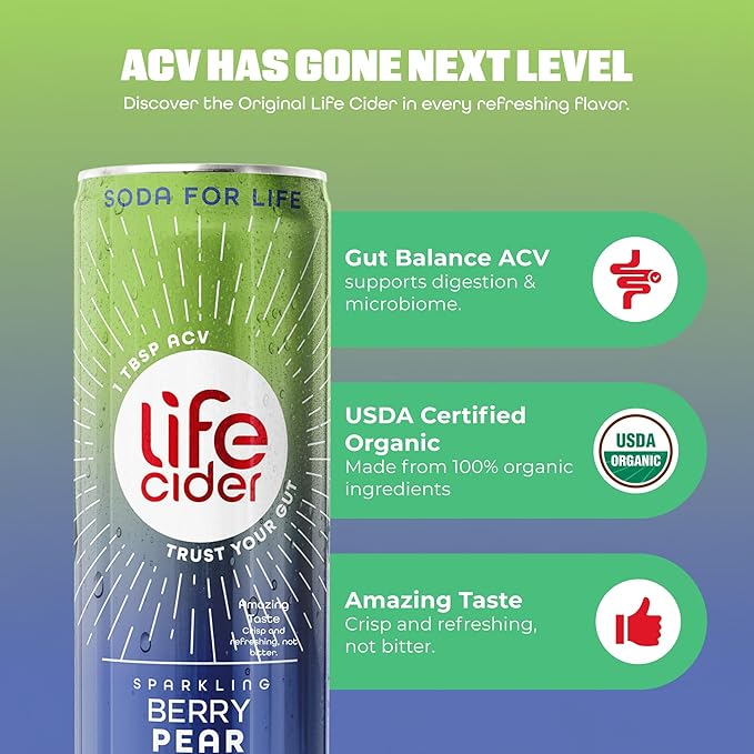 Life Cider Variety Pack Apple Cider Vinegar Soda 4 Flavors 12 Pack Organic Sparkling AVC Drink Natural Flavors Promotes Gut Health Vitamins C B12 Zinc D3