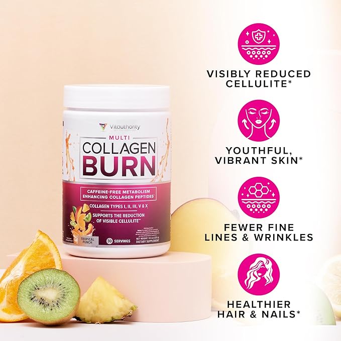 Vitauthority Multi Collagen Burn: Hydrolyzed Protein Peptides with Hyaluronic Acid and Multi Collagen Peptides Powder for Women - Hydrolyzed Flavored Collagen