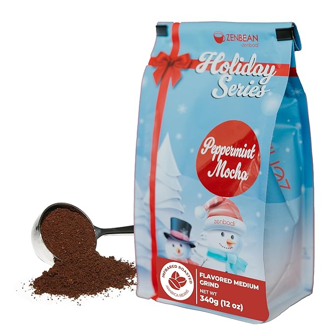 Zenbean Holiday Series Peppermint Mocha - Flavored Holiday Coffee Medium Grind Infrared Roasted Arabica Coffee Low Acid with Rhodiola Rosea and L-Theanine Makes 20 Servings 12 Ounce Bag
