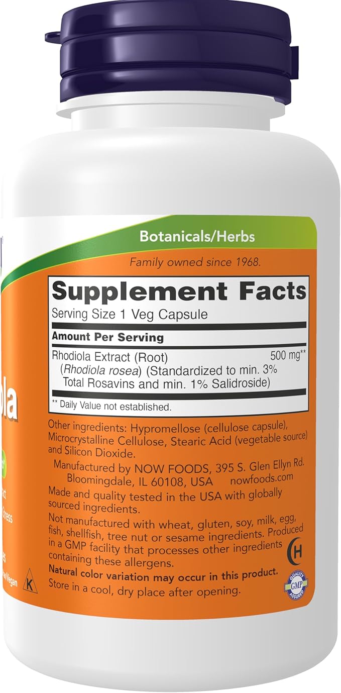 NOW Supplements Rhodiola 500 mg Helps Body Adapt to Stress of Daily Life* Adaptogenic Herb* 60 Veg Capsules
