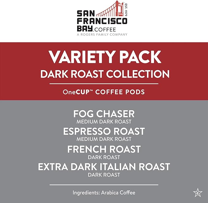San Francisco Bay Coffee - Dark Roast Variety Pack (40 ct) - Fog Chaser Espresso Roast French Roast &amp Extra Dark Italian - Single Serve Coffee Pods Commercially Compostable K Cup Compatible