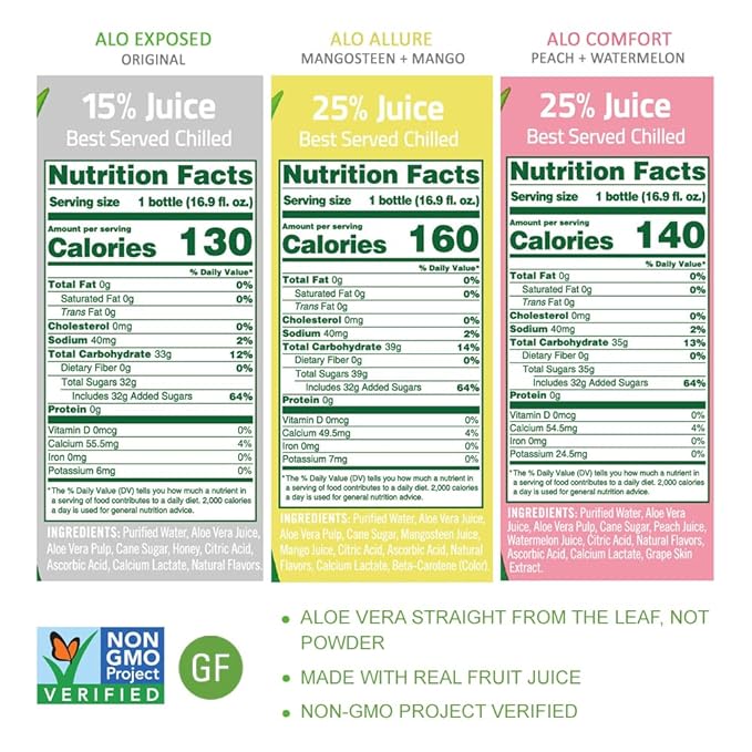 ALO Aloe Vera Juice | 16.9 fl oz Pack of 12 | 3-Flavor Variety Pack | ALLURE COMFORT EXPOSED Plant-Based Drink