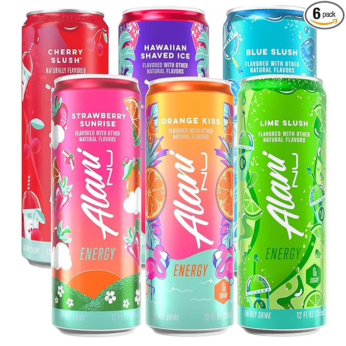 Alani Energy Drink Variety Pack – Sugar Free Low Calorie Energy Drinks – Assorted Flavors – 12 fl oz Cans (Pack of 6) (Lime Slush Sherbet Swirl Strawberry Sunrise Cherry Slush Blue Slush Pink Sl
