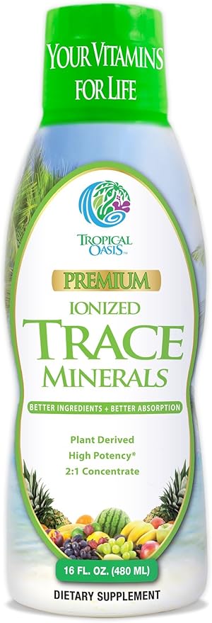 Tropical Oasis - Premium Ionized Plant Based Trace Minerals Liquid Formula- 74 essential minerals in liquid form for up to 96% Absorption - 16 oz 32 servings