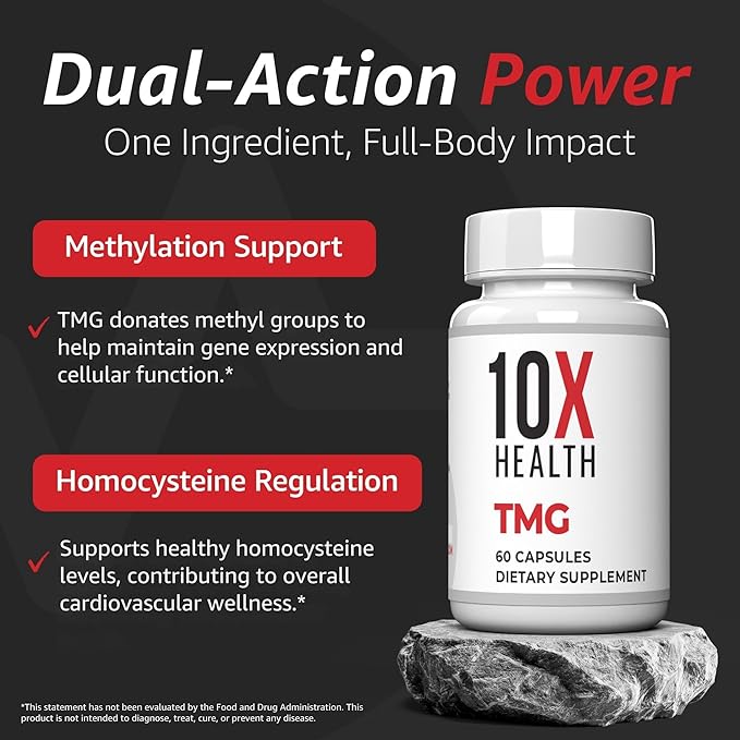 10X Health TMG Supplements - Trimethylglycine Supplement for Liver Support Heart Wellness Energy Homocysteine Levels - TMG Capsules with Betaine Anhydrous - Non-GMO &amp Gluten-Free - 60 Capsules