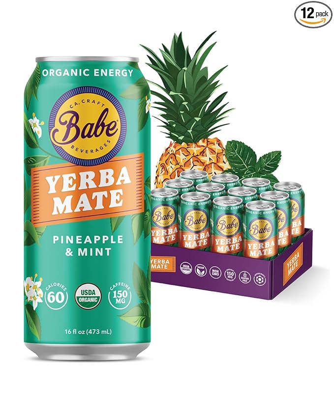 Babe Organic Yerba Mate Energy Drinks | 150mg Plant-Based Caffeine | Natural Yerba Mate Tea with No Crash No Jitters - Pineapple Mint (12 x 16oz Cans)