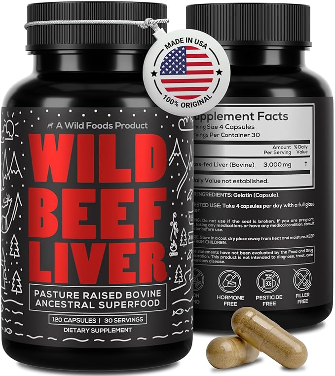 Wild Foods Beef Liver Capsules - Grass-Fed &amp Pasture-Raised | 3000mg Ancestral Supplement for Natural Energy &amp Immune Support | Organ Supplement for Men &amp Women | Keto Paleo Carnivore (1