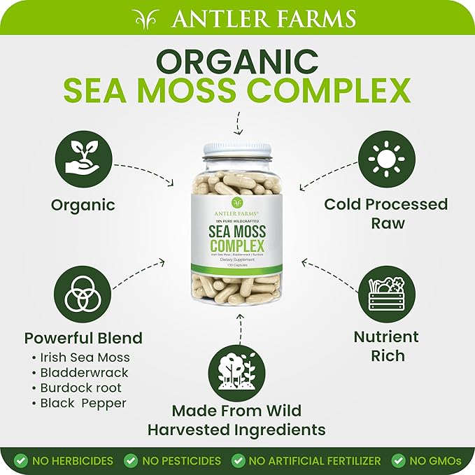 Antler Farms – 100% Pure Sea Moss Complex 130 Capsules Wildcrafted Irish Sea Moss Bladderwrack and Burdock Root – A Potent Blend for Wellness Vegan-Friendly Gluten Soy and Dairy Free