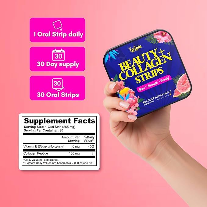LALOLA Beauty + Collagen Strips – Mango Flavor | Collagen Peptides &amp Vitamin E for Radiant Skin Hair &amp Nails (30 Strips)