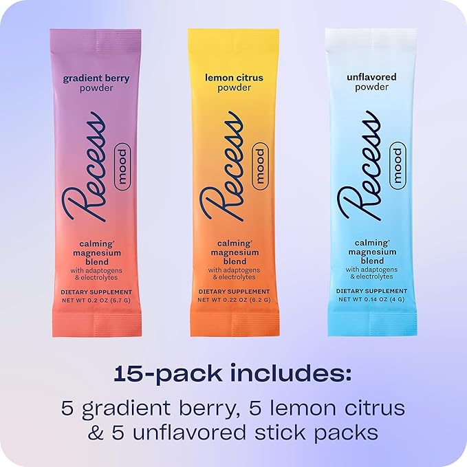 Recess Mood Powder Magnesium L-Threonate Blend with Passion Flower L-Theanine Electrolytes Magnesium Calm Support Powder Supplement -Sampler Pack Pack of 15