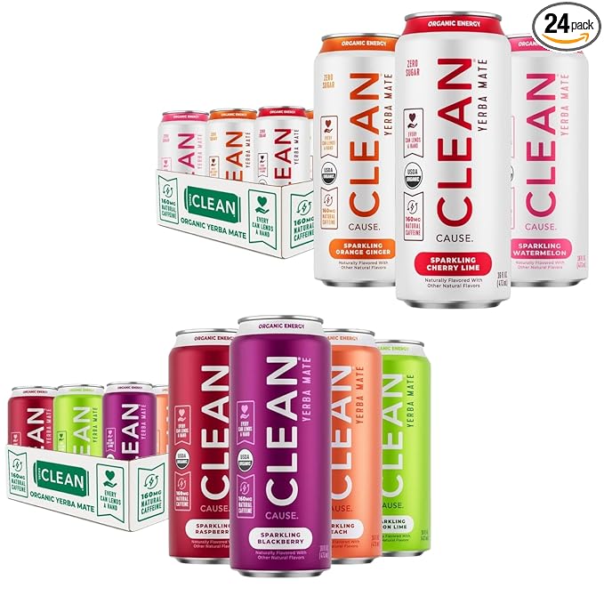 CLEAN Cause Low Calorie Low Sugar &amp Zero Calories Zero Sugar Variety Pack Sparkling Yerba Mate Tea 160mg Caffeine Organic Healthy Alternative to Energy Drinks (16oz cans 2-12-Pack Case)