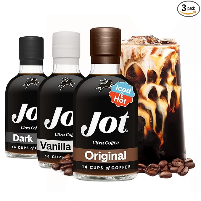 Jot Coffee Concentrate (Variety 3pk) High Caffeine Cold Brew Coffee Concentrate Liquid for Iced Coffees Instant Espresso Hot or Cold Instant Coffees - Makes 14 Cups 150mg Caffeine/Tbsp No Sugar
