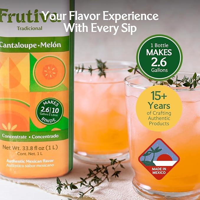 Frutiva Authentic Cantaloupe Drink Mix | Made in Mexico with Cane Sugar | Aguas Frescas Concentrate Makes 2.6 Gallons Per Bottle | No High Fructose Corn Syrup | Perfect for Drinks Desserts &amp More