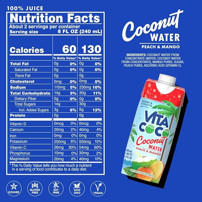 Vita Coco Coconut Water Peach &amp Mango - Naturally Hydrating Electrolyte Drink - Smart Alternative to Coffee Soda and Sports Drinks - Gluten Free - 16.9 Fl Oz (Pack of 12)