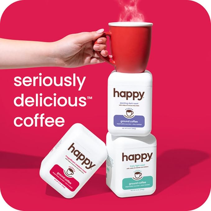 happy coffee medium roast ground coffee 12 oz 2 pack. notes of berries &amp optimism recyclable container grown &amp harvested in Brazil &amp Colombia raíz sustainability verified