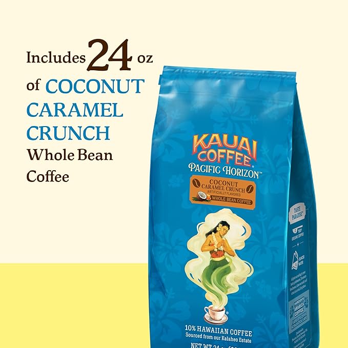 Kauai Coffee Whole Bean Coffee – Smooth Non-Bitter Medium Roast Pure Arabica – Nutty Caramel and Tropical Coconut – Grown on Hawaii's Largest Coffee Farm – Coconut Caramel Crunch 1 Pack of 24oz