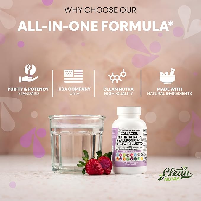 Clean Nutraceuticals Collagen Pills 1000mg Biotin 10000mcg Keratin Saw Palmetto Hyaluronic Acid - Hair Skin &amp Nails Vitamins &amp DHT Blocker (90 Count (Pack of 2))