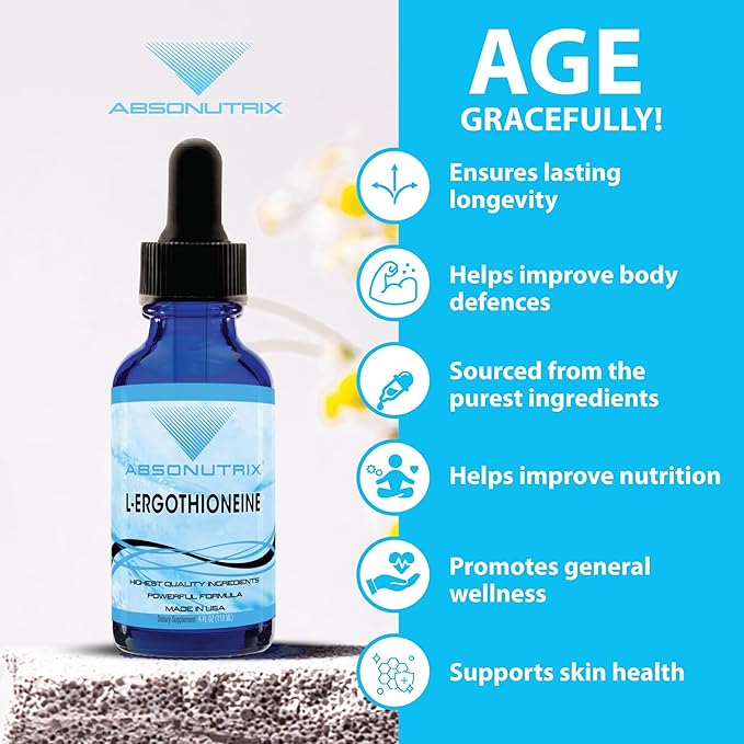 Absonutrix L-Ergothioneine Liquid Supplement 590 mg 200 Servings Made in USA Quick Absorption Quality Potent Ingredients Non-GMO GMP Certified Facility Cruelty-Free Products