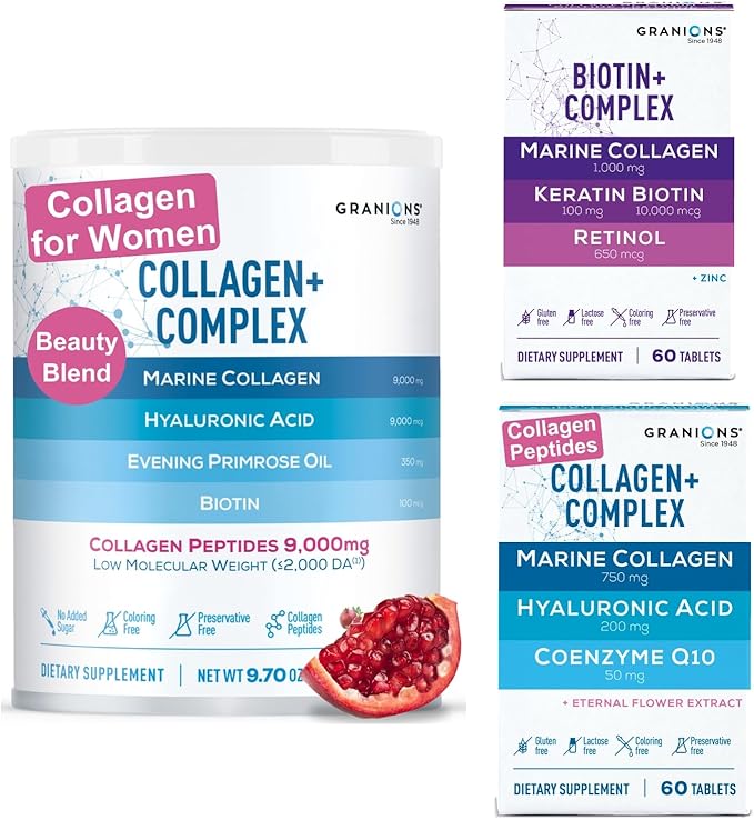 Granions Marine Collagen Pomegranate Powder Biotin Keratin Collagen Complex and Collagen Complex CoQ10 Bundle