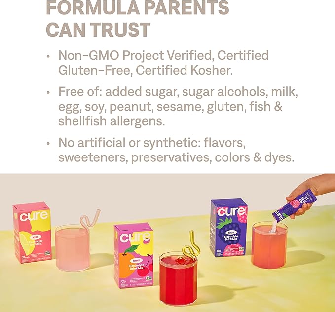 Cure Hydration - Kids Electrolyte Drink Mix | Plant-Based Pediatrician Formulated Rehydration | No Added Sugar FSA-HSA Non-GMO Gluten-Free No Artificial Flavors | 14 Packets - Pink Lemonade