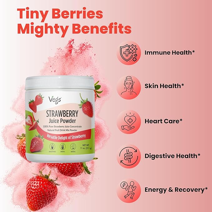 Vegs Strawberry Juice Powder - Freeze Dried Organic Strawberry Juice Instant Drink Mix Powder Baking Dessert Flavoring - Real Fruit Hydration with Electrolytes &amp Antioxidants Sugar Free - 11 oz