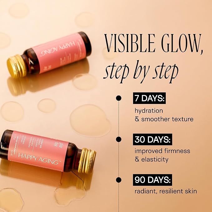 Happy Aging Marine Collagen Peptides Glow Shot 10000mg - Liquid Collagen for Women with Liposomal Delivery - Promotes Skin Hydration Elasticity &amp Radiance - Supports Hair &amp Nails 10 Shots