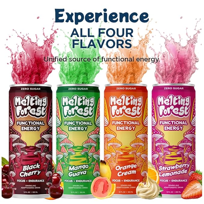 Melting Forest Mushroom Energy Drink L-Theanine Cordyceps &amp Lion's Mane 150mg of Caffeine Energy &amp Focus Cognitive Function &amp Mental Clarity Orange Cream (12 Pack)