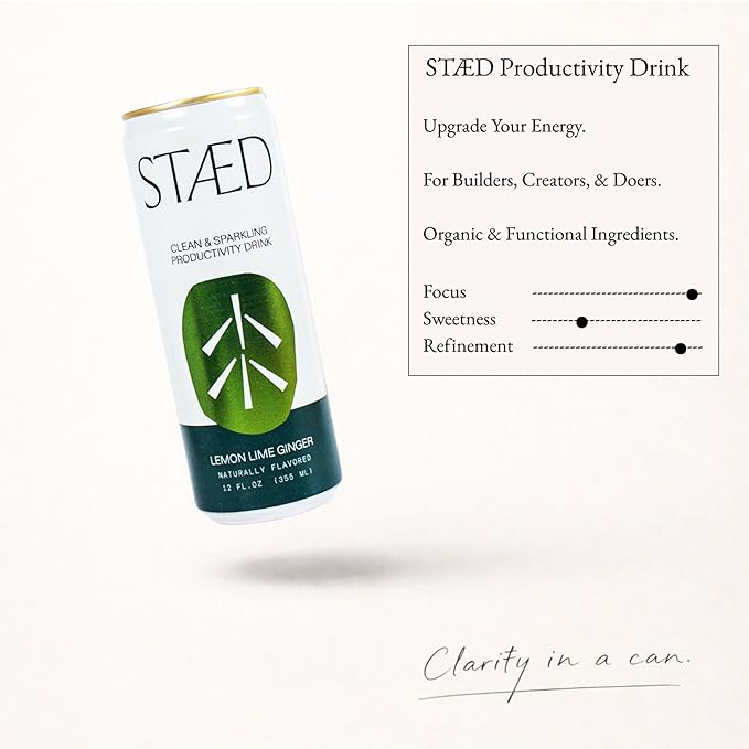 Drink Staed Lemon Lime Ginger Productivity Drink Sparkling Functional Beverage 12-Pack – With Cognizin® Citicoline &amp L-Theanine Organic Clean Caffeine Healthy Energy Drink
