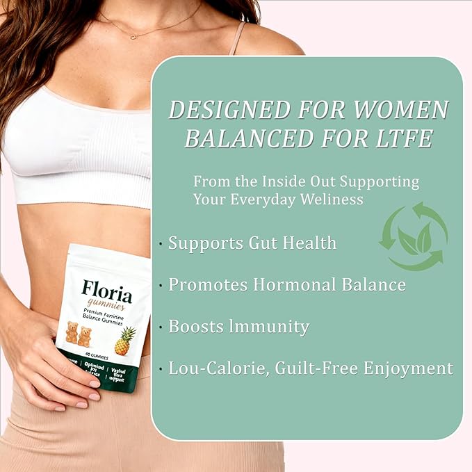 GFG Floria Premium Feminine Balance Gummies - Supports pH Balance Intimate Health &amp Closeness with Partner | Vegan Gluten-Free | Pineapple Flavor 60 Count (1pc)