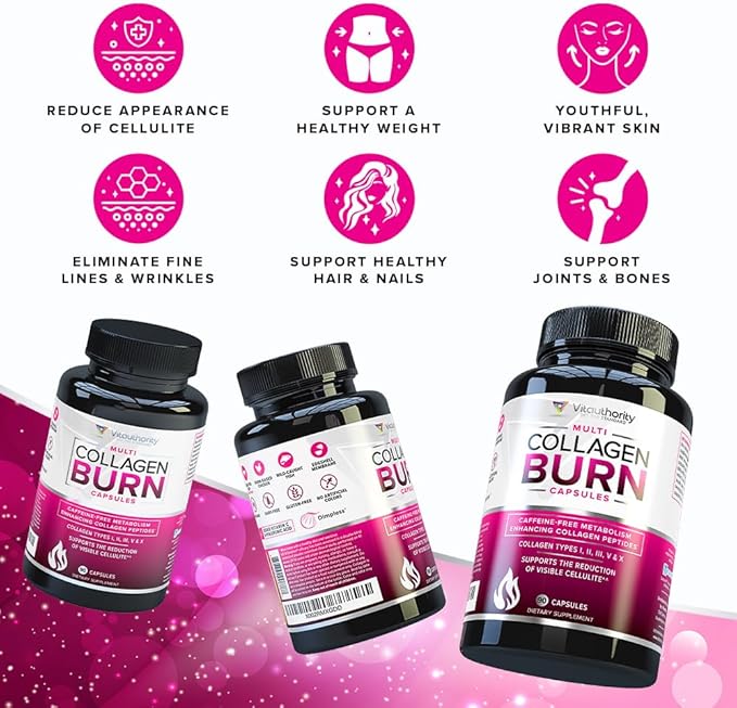Vitauthority Multi Collagen Burn Capsules: Hydrolyzed Protein Peptides with Hyaluronic Acid and Bone Broth Collagen Delicious Chicken Noodle Flavored - Packed with 16g of Protein