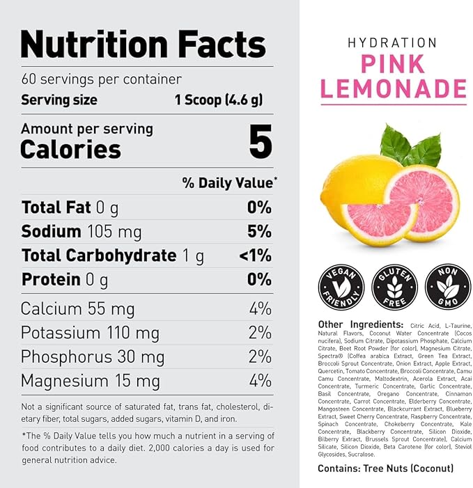 Kaged Electrolyte Hydration Powder Hydracharge Pink Lemonade Sports Drink for Men and Women Pre Post Intra Workout Supplement 60 Servings