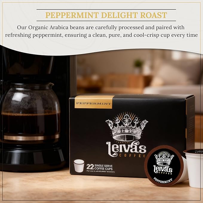 Leiva’s Guatemalan Single Serve Coffee Pods (22 Count) – Small Batch Peppermint Flavor Capsules - Rich Bold &amp Balanced Flavor - Single Serve Pods for Keurig Coffee Machine - 0.35 Oz Cups