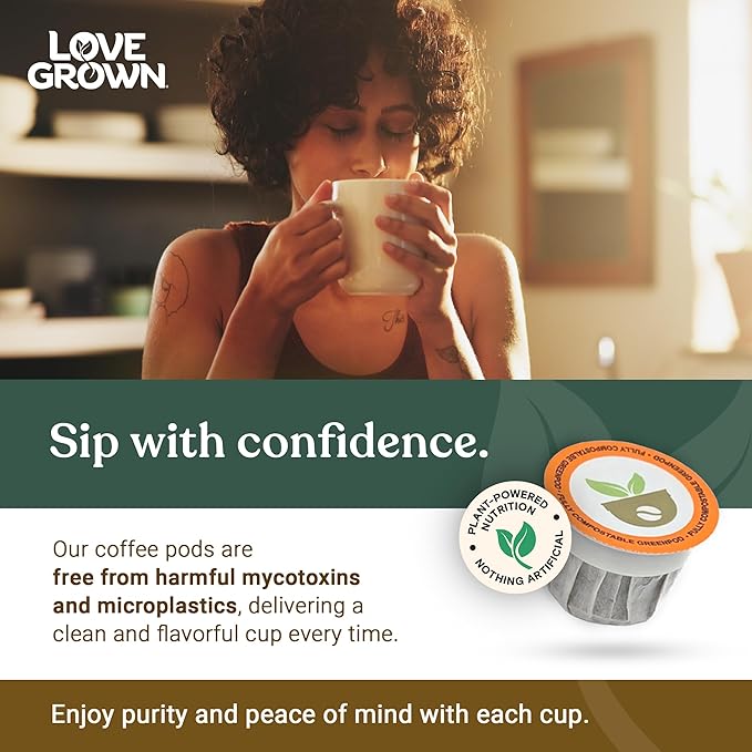 Love Grown Compostable Coffee Pods - Compatible With Most Major Coffee Pod Brewers - 100% Arabica Plastic-Free Non-GMO - Medium Roast Box of 15