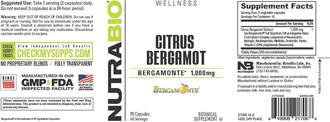NutraBio Citrus Bergamot Bergamonte Extract Supplement 1000mg - May Help Promote Cardiovascular Health and Wellness 90 Capsules