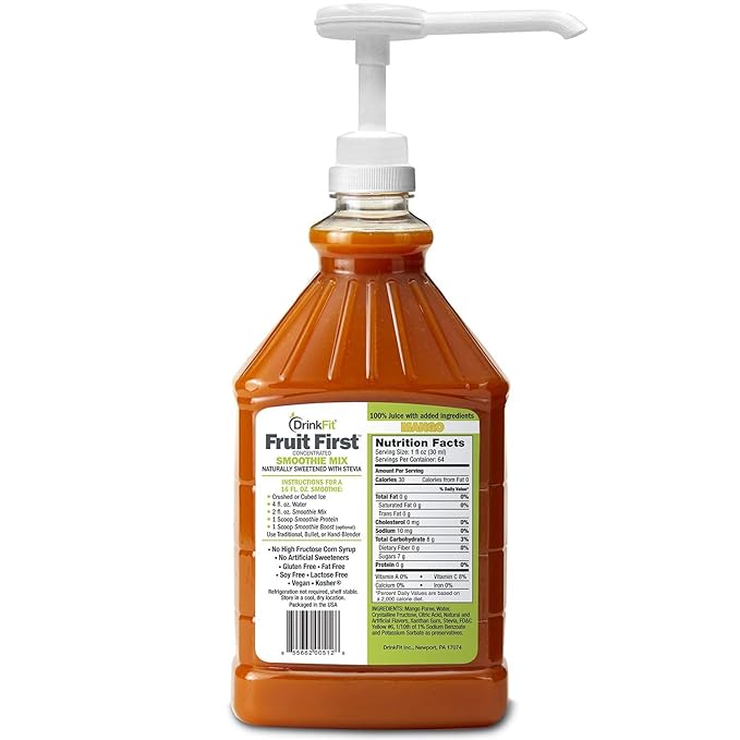 DrinkFit Fruit Smoothie | Real Fruit Puree Low Sugar Gluten:Free &amp Non:GMO Mango Smoothie Mix : Makes 32 Smoothies 64 Fl Oz with Dispensing Pump (Mango)