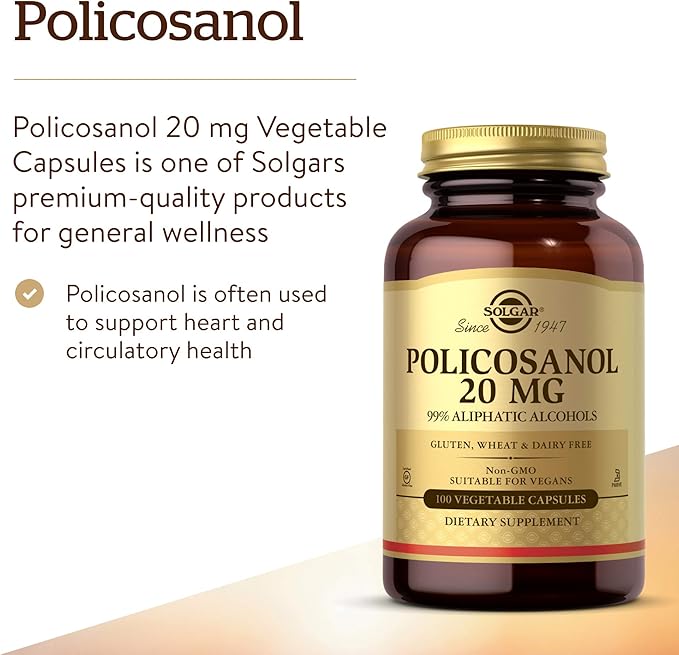 Solgar Policosanol 20 mg 100 Vegetable Capsules - Supports Heart Health - General Wellness - Vegan Gluten Free Dairy Free Kosher - 100 Servings