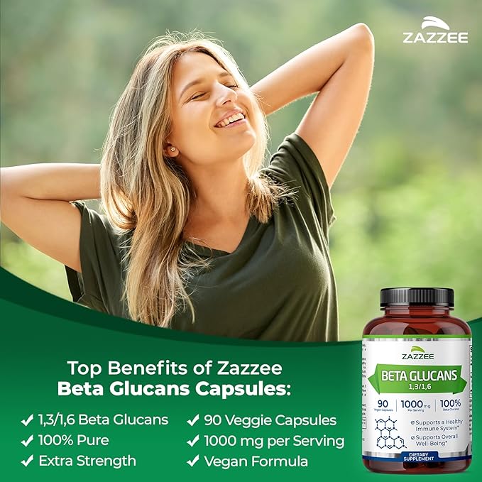 Zazzee Extra Strength 13/16 Beta Glucans 1000 mg 100% Concentrated 90 Vegan Capsules Supports a Healthy Immune System 100% Vegetarian All-Natural and Non-GMO