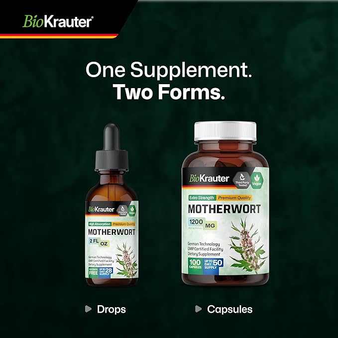 BIO KRAUTER® Perimenopause &amp Menopause Supplements for Women* - Vegan Motherwort Tincture 2 Fl.Oz 28-Day Supply for Natural Calm &amp Women's Wellness - Alcohol &amp Sugar Free - 650 mg per Serv